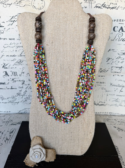 Multi Layer Seed Bead Statement Necklace with Coconut Accents Boho Colorful Beaded Layered Necklace