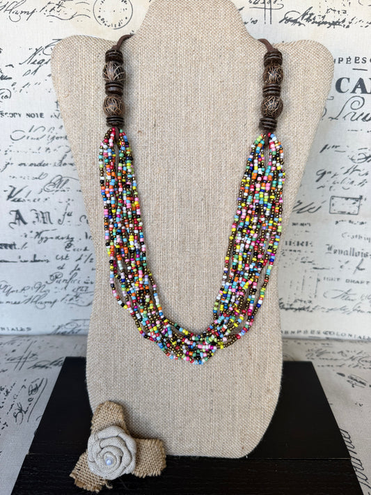 Multi Layer Seed Bead Statement Necklace with Coconut Accents Boho Colorful Beaded Layered Necklace