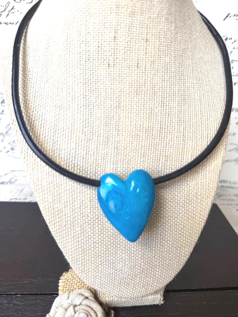 Turquoise Heart Tagua Nut Pendant Necklace with Magnetic Clasp – Handmade Eco Friendly Jewelry
