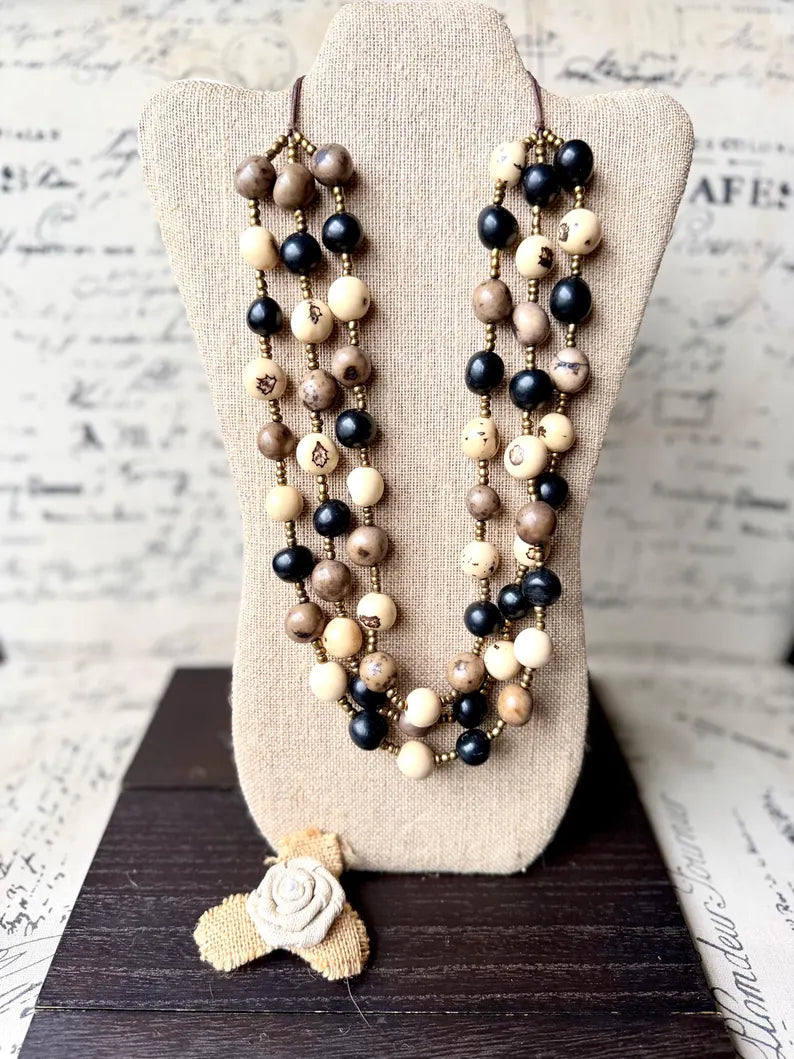 Black Beige Gray Multi Layer Tagua Necklace – Eco Friendly Statement Jewelry