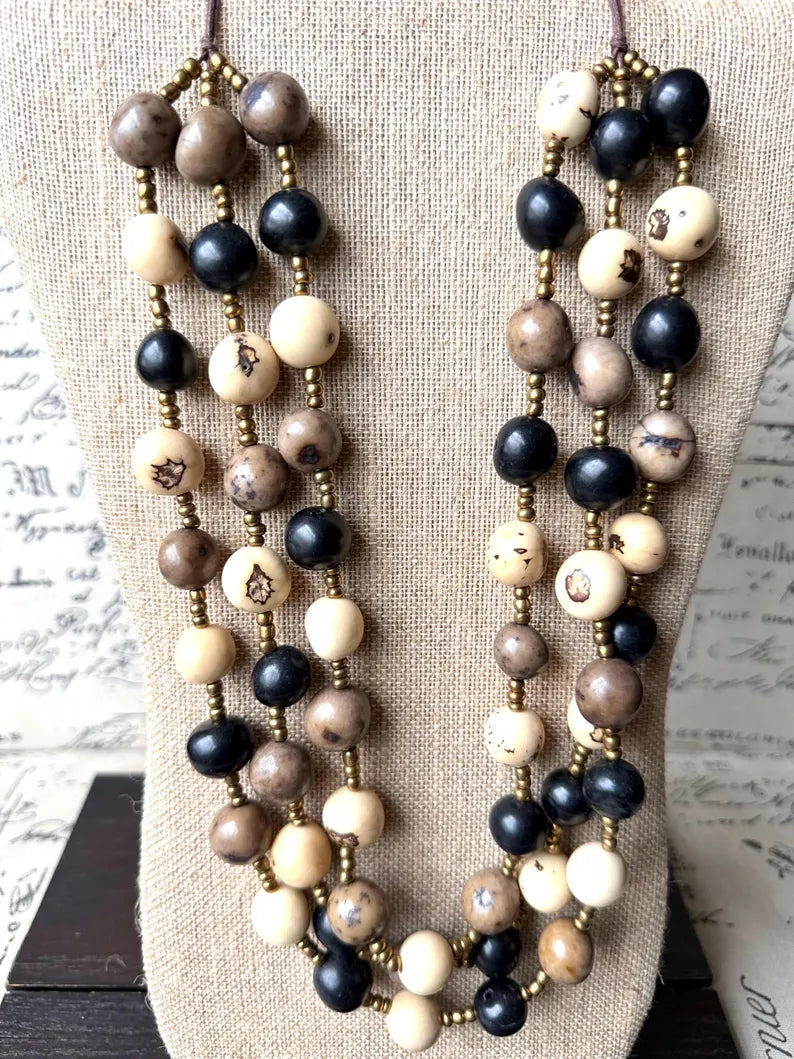 Black Beige Gray Multi Layer Tagua Necklace – Eco Friendly Statement Jewelry