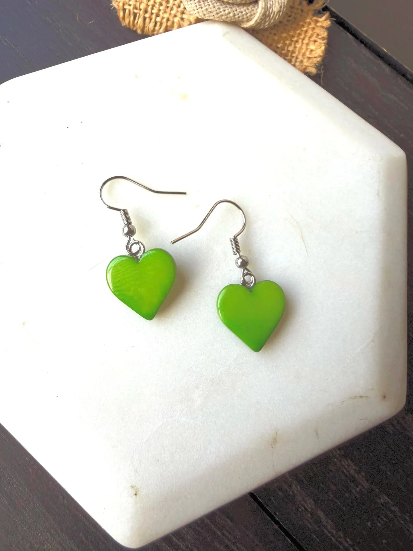Green Heart Tagua Earrings – Handmade in Ecuador