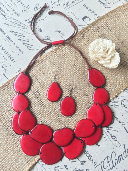 Red statement necklace set Tagua nut jewelry Fall fashion Big bold necklaces Artsy gift Double layer necklace Chunky necklace Wearable art