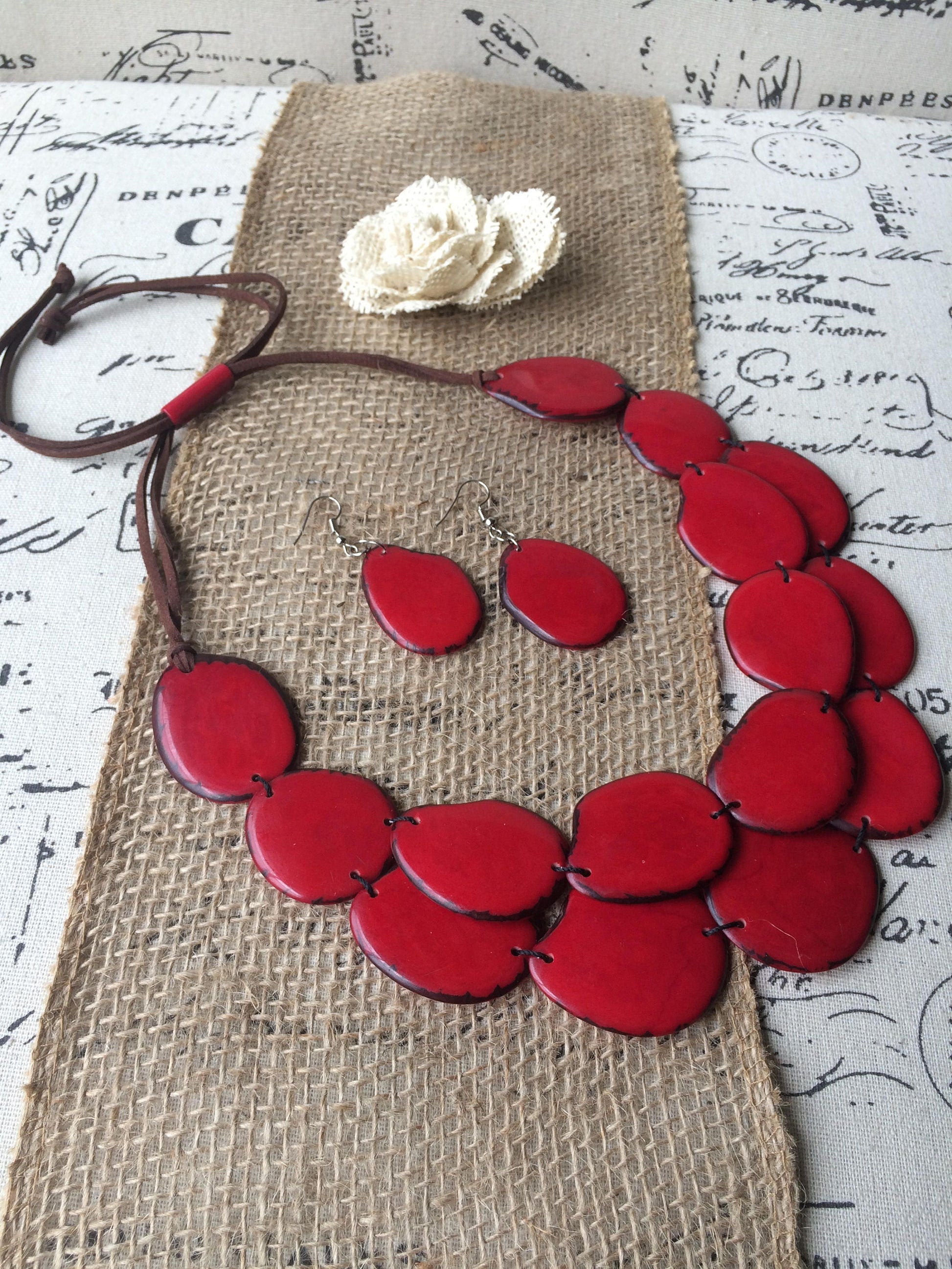Red statement necklace set Tagua nut jewelry Fall fashion Big bold necklaces Artsy gift Double layer necklace Chunky necklace Wearable art