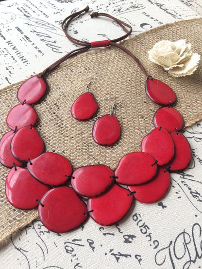Red statement necklace set Tagua nut jewelry Fall fashion Big bold necklaces Artsy gift Double layer necklace Chunky necklace Wearable art