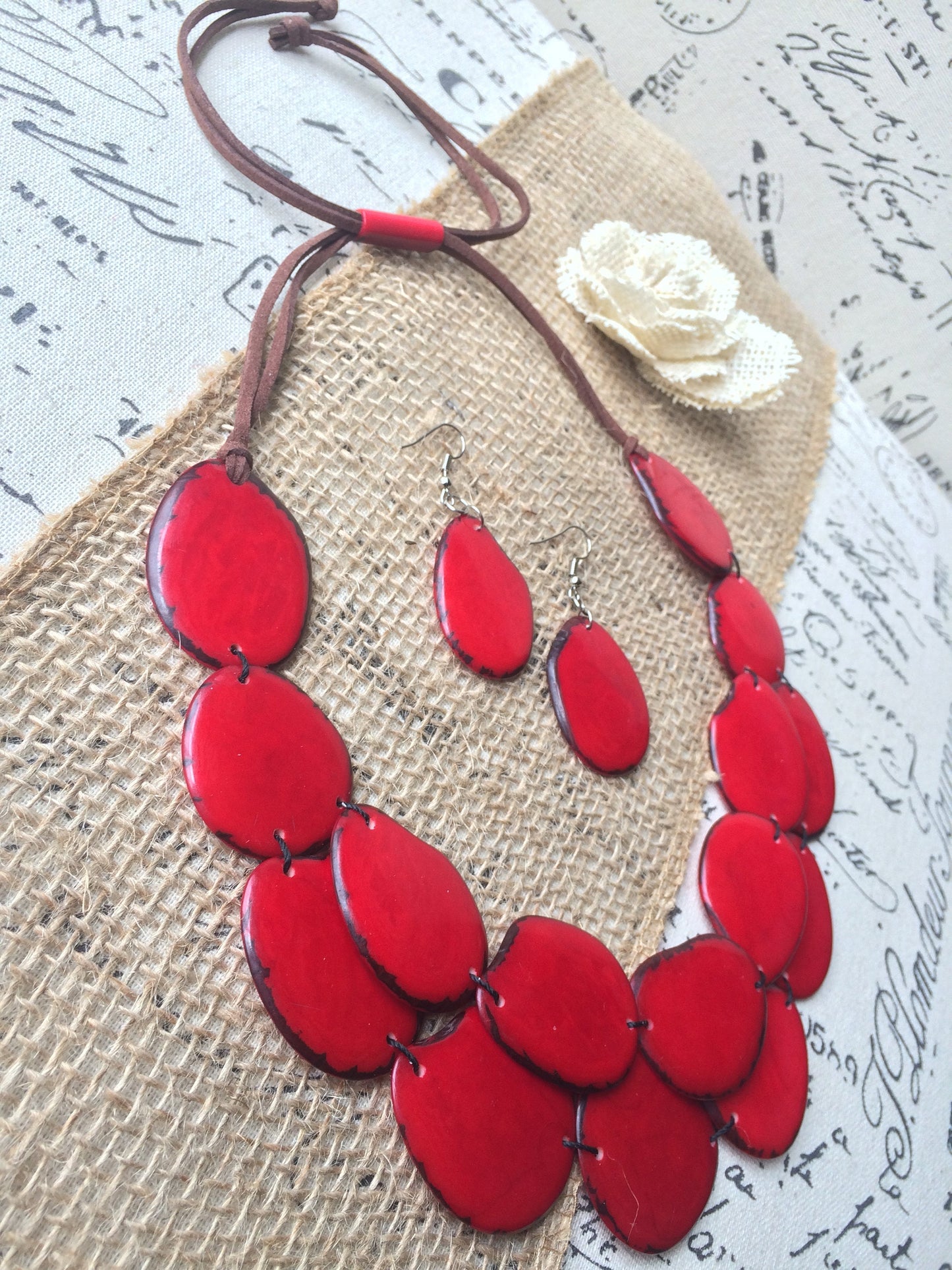 Red statement necklace set Tagua nut jewelry Fall fashion Big bold necklaces Artsy gift Double layer necklace Chunky necklace Wearable art
