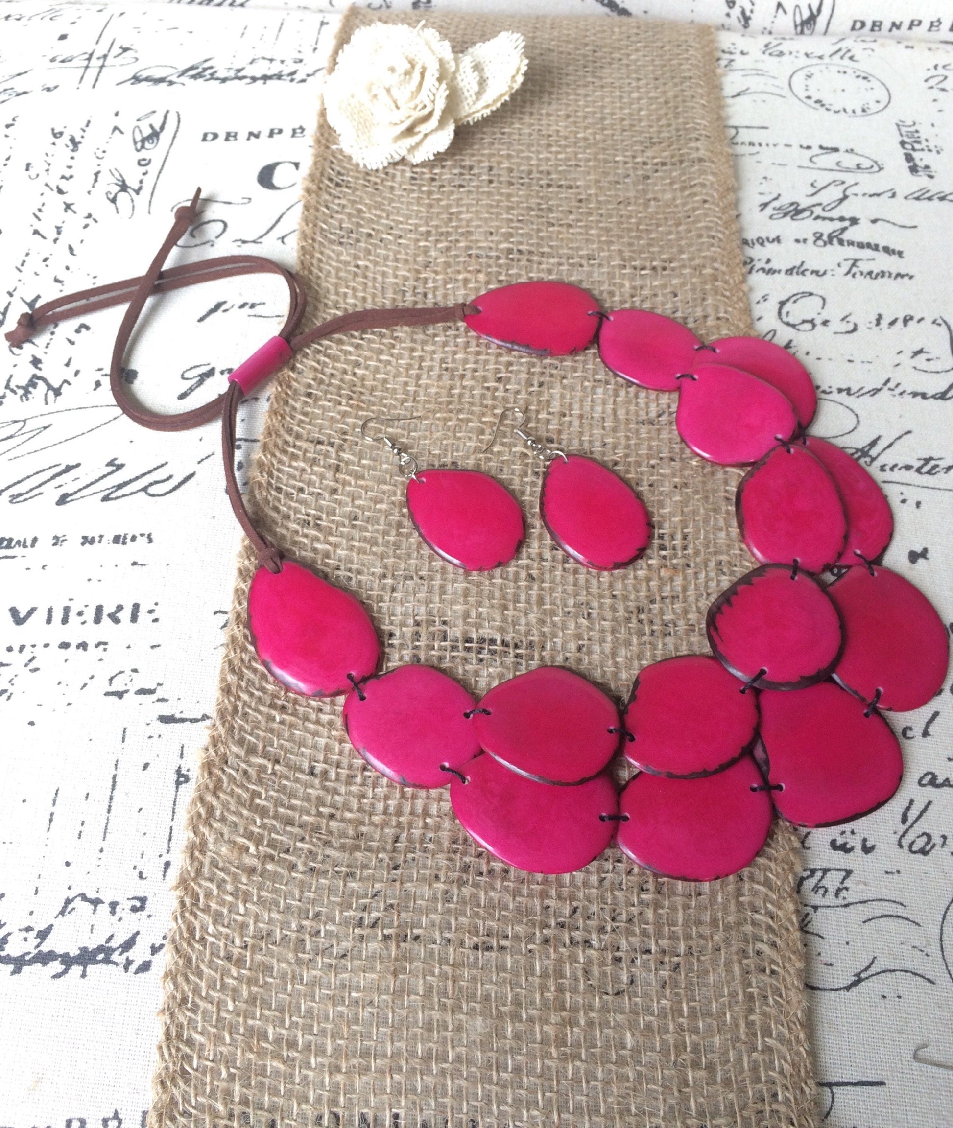 Tagua jewelry Pink statement necklace Adjustable cord Big bold necklaces Wearable art Fall fashion trends Mothers day gift Multi layer bib