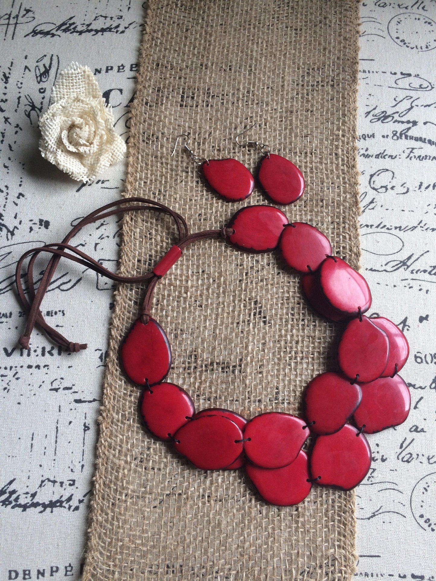 Red statement necklace set Tagua nut jewelry Fall fashion Big bold necklaces Artsy gift Double layer necklace Chunky necklace Wearable art