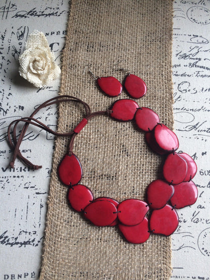 Red statement necklace set Tagua nut jewelry Fall fashion Big bold necklaces Artsy gift Double layer necklace Chunky necklace Wearable art