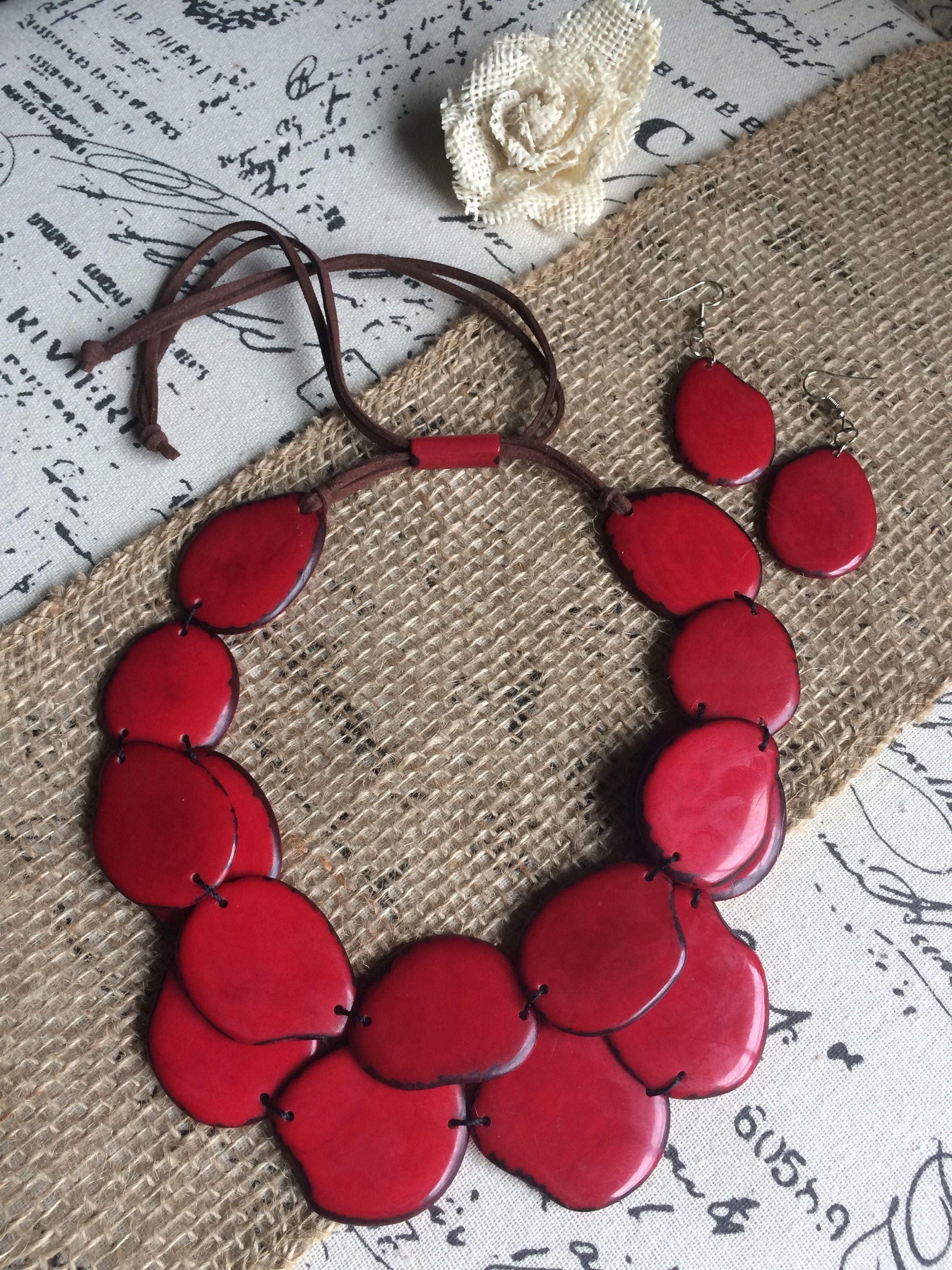 Red statement necklace set Tagua nut jewelry Fall fashion Big bold necklaces Artsy gift Double layer necklace Chunky necklace Wearable art