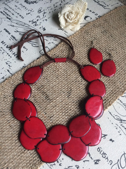 Red statement necklace set Tagua nut jewelry Fall fashion Big bold necklaces Artsy gift Double layer necklace Chunky necklace Wearable art