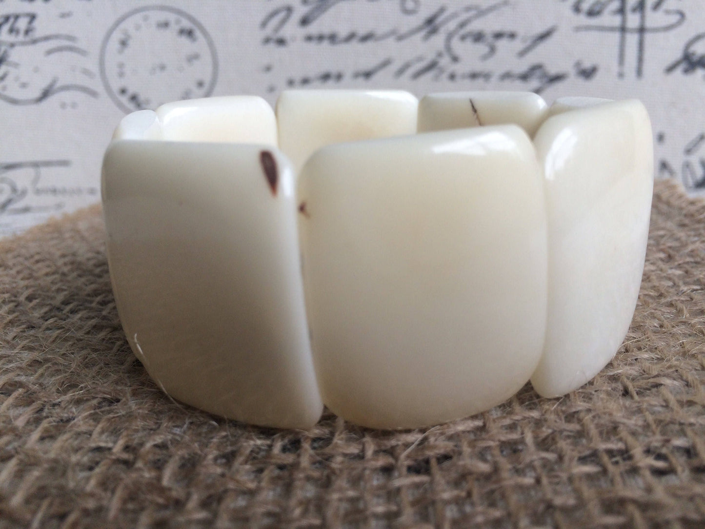 White statement bracelet Tagua bracelet Big bead bracelet 14 year anniversary gift for wife Fall fashion Elastic stretch bracelet Artsy gift