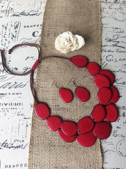Red statement necklace set Tagua nut jewelry Fall fashion Big bold necklaces Artsy gift Double layer necklace Chunky necklace Wearable art