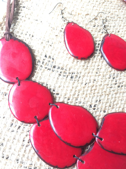 Red statement necklace set Tagua nut jewelry Fall fashion Big bold necklaces Artsy gift Double layer necklace Chunky necklace Wearable art