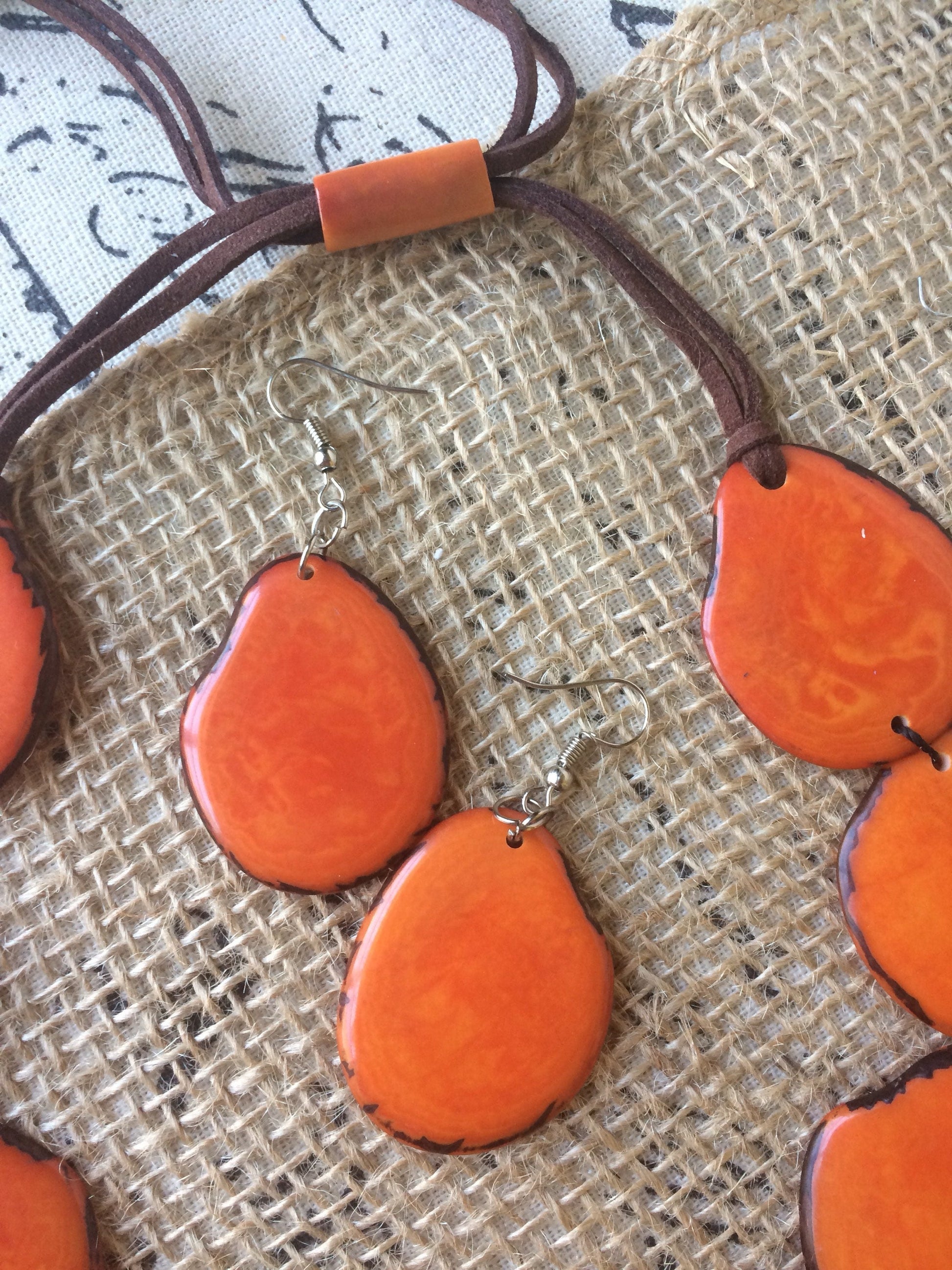Orange statement necklace and earrings set Adjustable cord Fall fashion Tagua nut jewelry Wearable Double layer necklace Lightweight