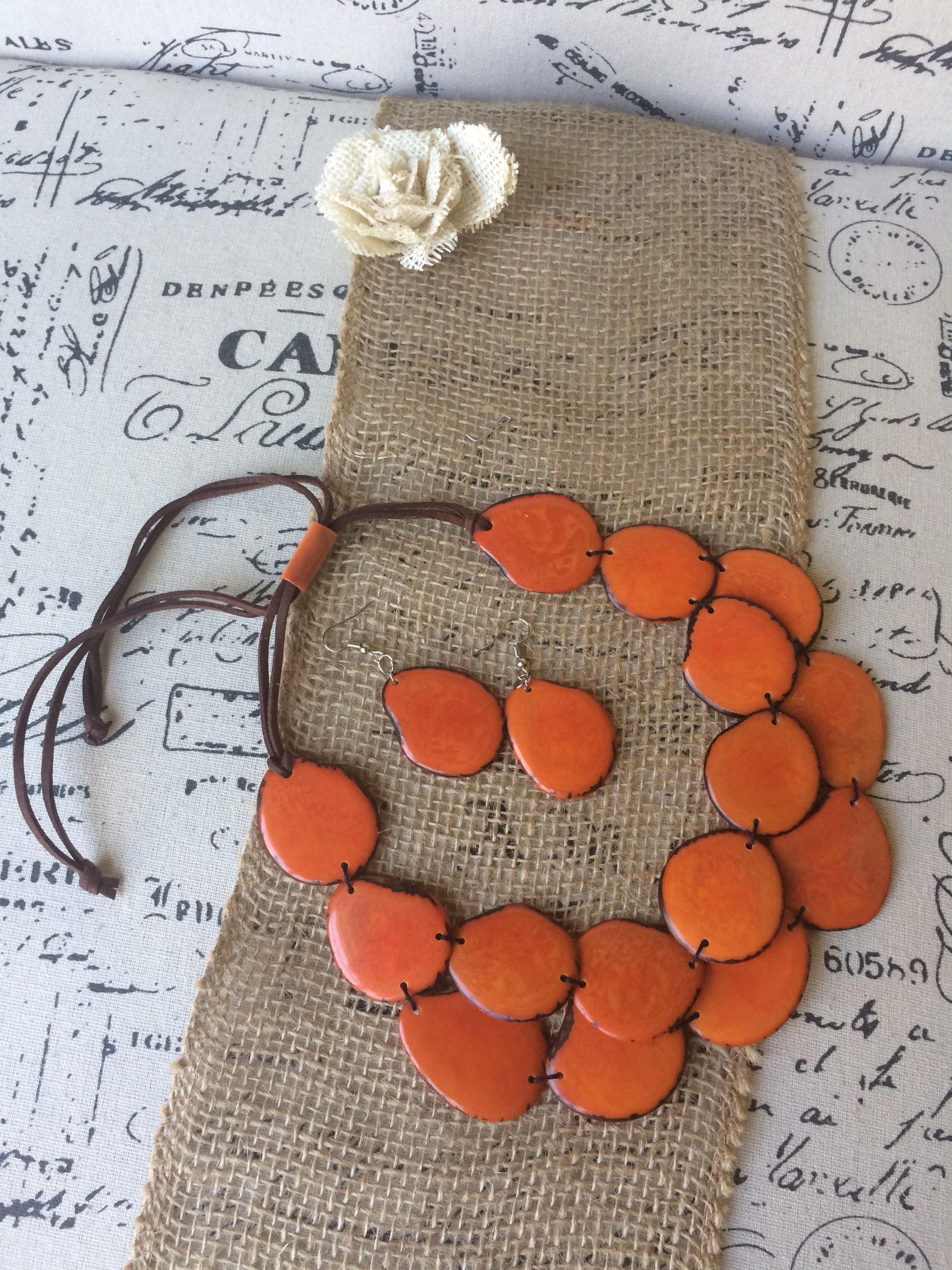 Orange statement necklace and earrings set Adjustable cord Fall fashion Tagua nut jewelry Wearable Double layer necklace Lightweight