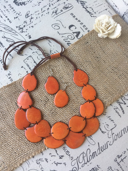 Orange statement necklace and earrings set Adjustable cord Fall fashion Tagua nut jewelry Wearable Double layer necklace Lightweight