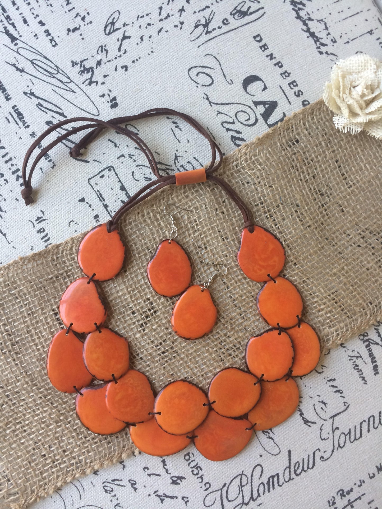 Orange statement necklace and earrings set Adjustable cord Fall fashion Tagua nut jewelry Wearable Double layer necklace Lightweight
