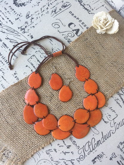 Orange statement necklace and earrings set Adjustable cord Fall fashion Tagua nut jewelry Wearable Double layer necklace Lightweight