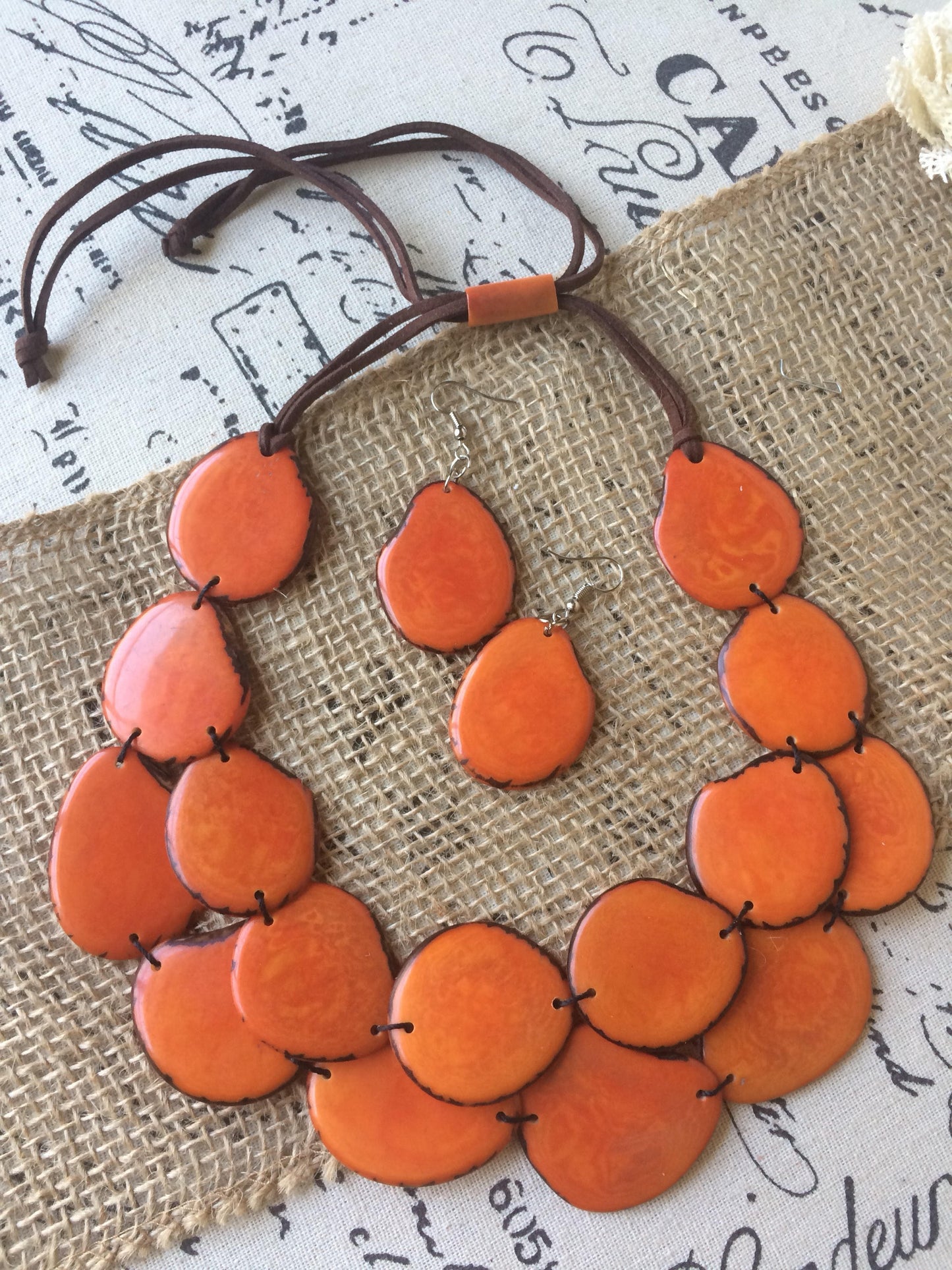 Orange statement necklace and earrings set Adjustable cord Fall fashion Tagua nut jewelry Wearable Double layer necklace Lightweight