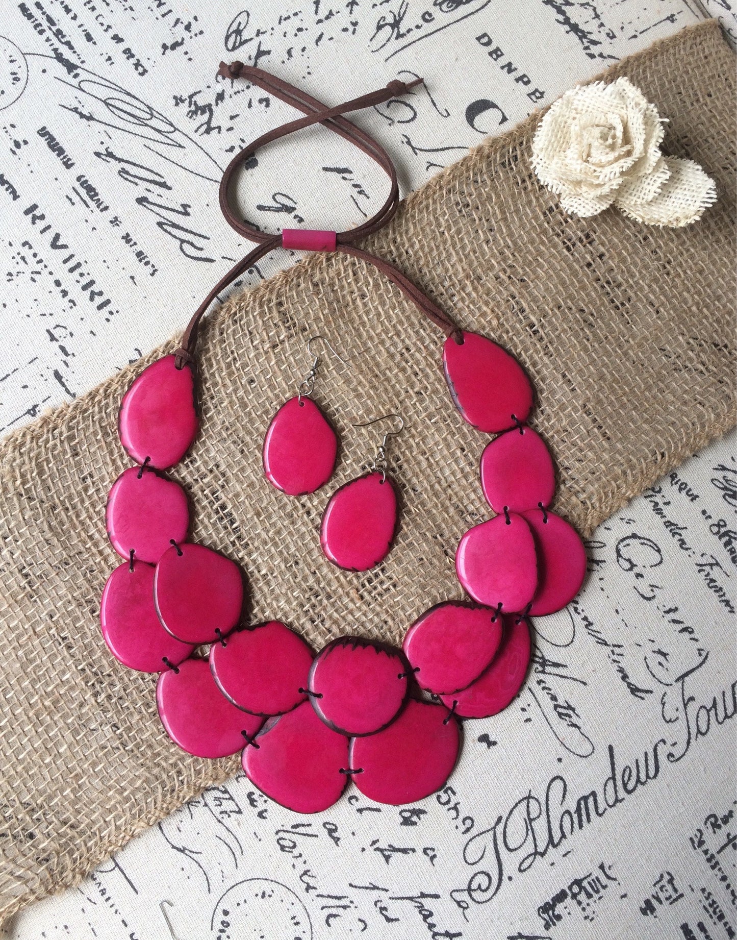 Tagua jewelry Pink statement necklace Adjustable cord Big bold necklaces Wearable art Fall fashion trends Mothers day gift Multi layer bib