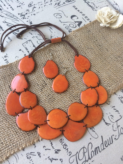 Orange statement necklace and earrings set Adjustable cord Fall fashion Tagua nut jewelry Wearable Double layer necklace Lightweight