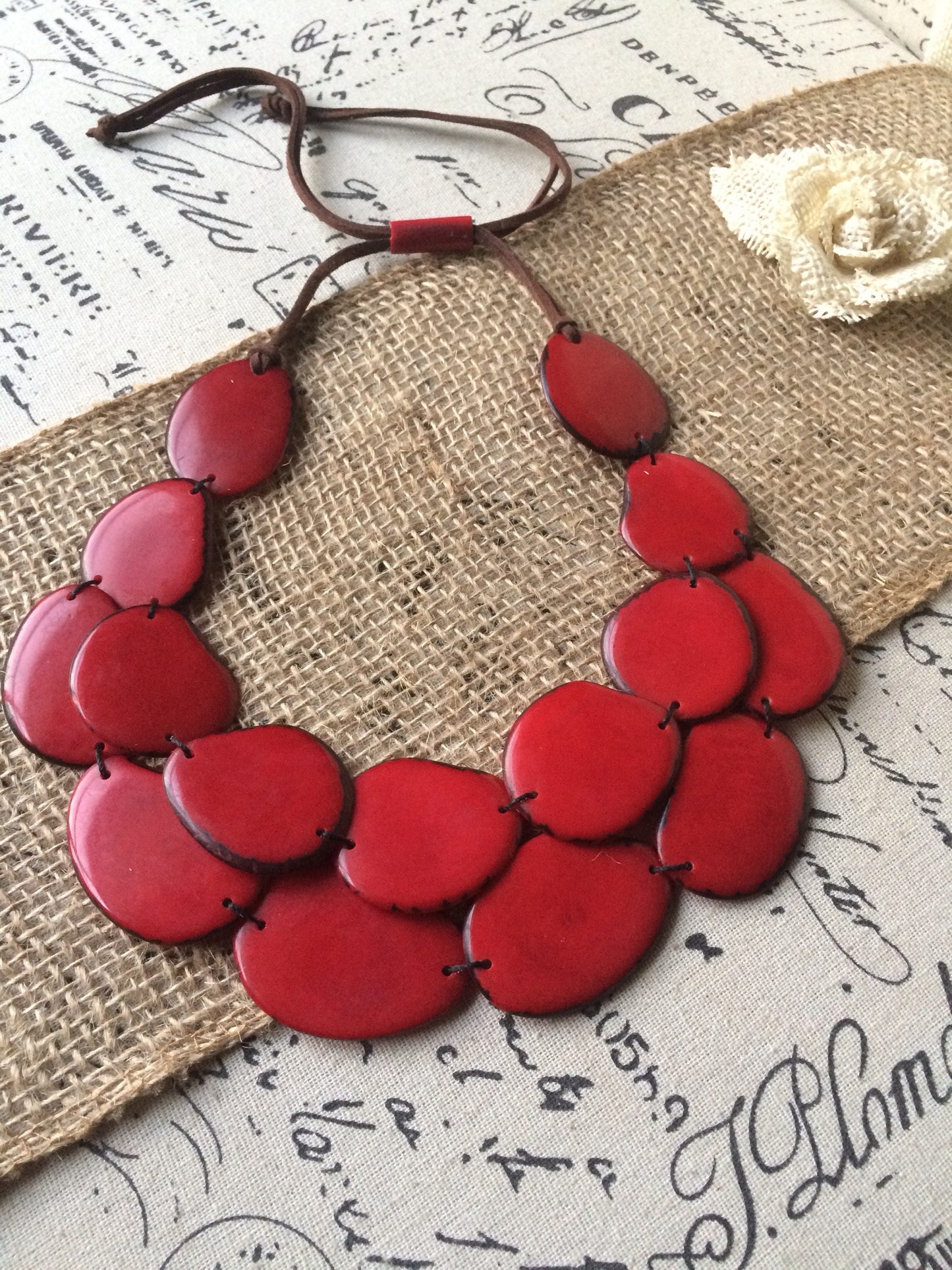 Red Tagua necklace Big bold necklaces for women Wearable art Double strand necklace Adjustable cord Statement necklace Fall fashion