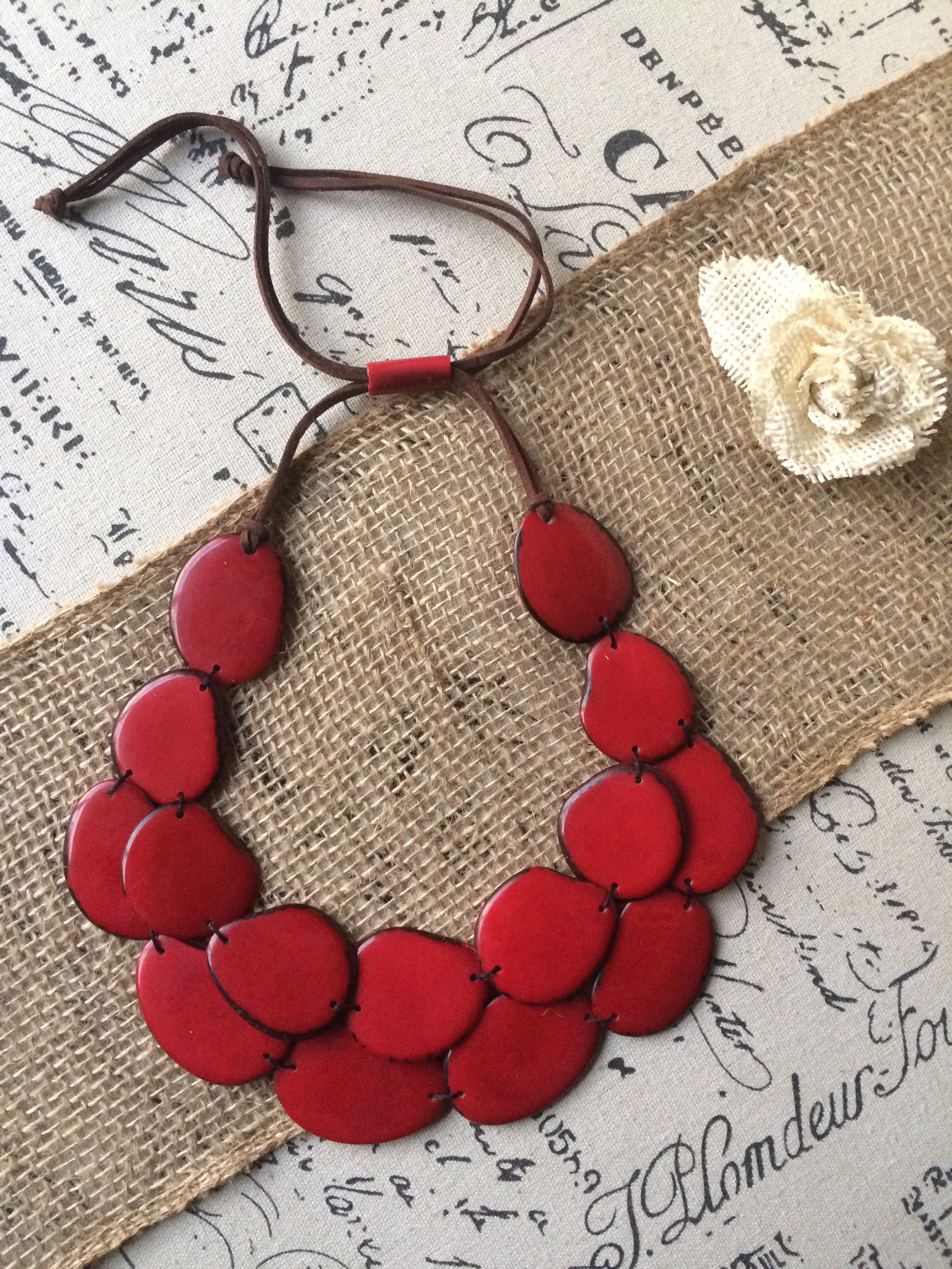 Red Tagua necklace Big bold necklaces for women Wearable art Double strand necklace Adjustable cord Statement necklace Fall fashion