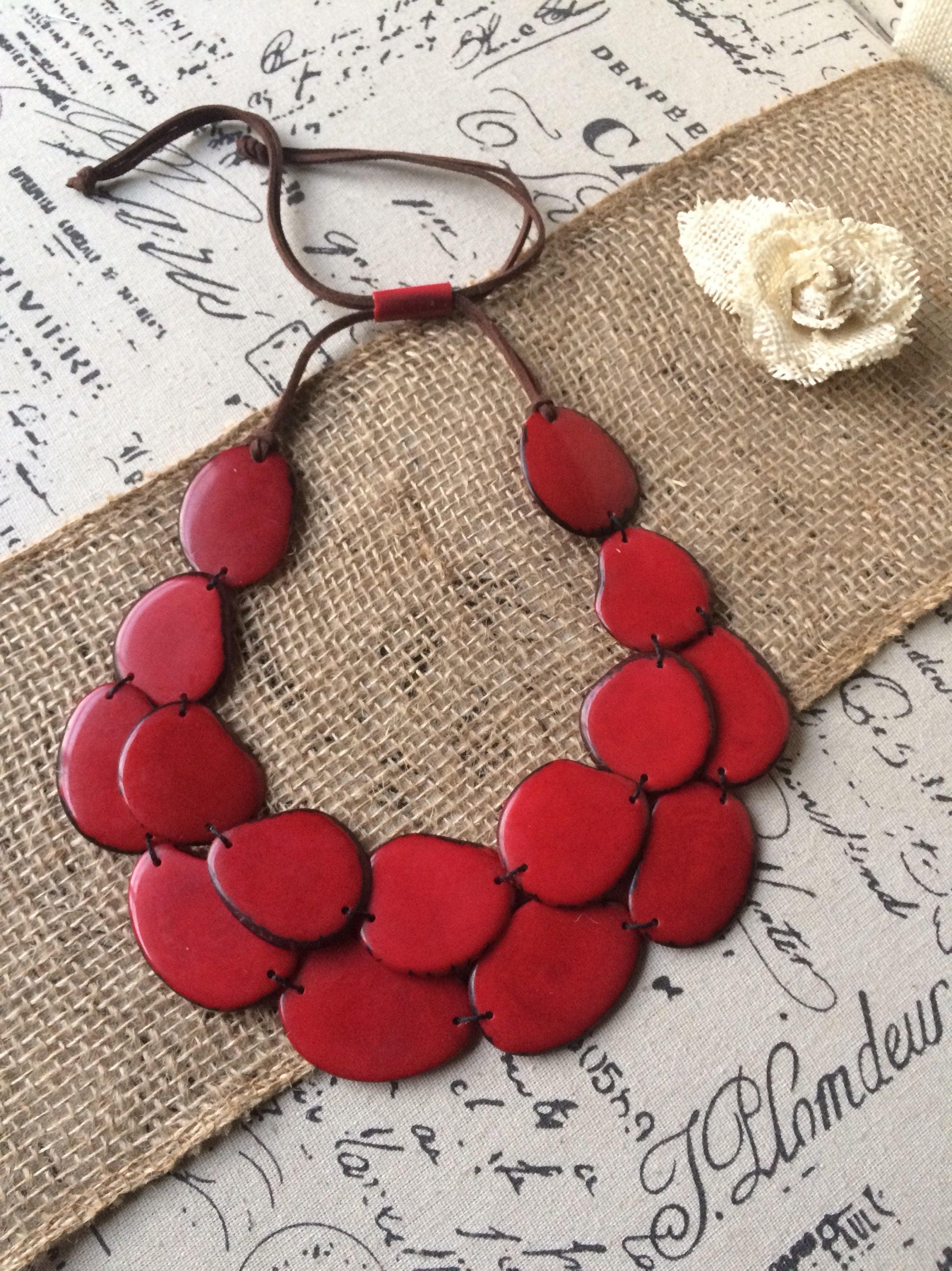 Red Tagua necklace Big bold necklaces for women Wearable art Double strand necklace Adjustable cord Statement necklace Fall fashion