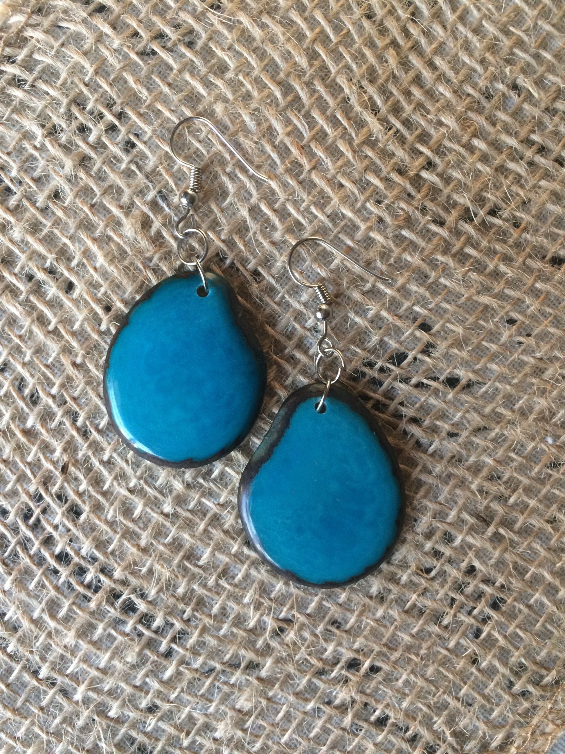 Tagua earrings Big teal blue earrings Handmade beaded earrings Oversized dangle earrings Fall fashion trends Wearable art Dangly earrings