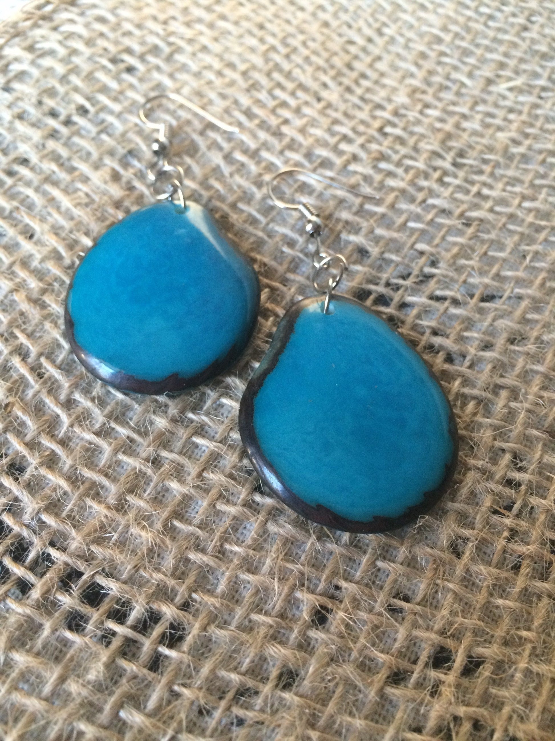 Tagua earrings Big teal blue earrings Handmade beaded earrings Oversized dangle earrings Fall fashion trends Wearable art Dangly earrings