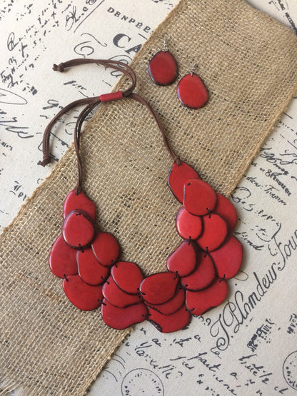 Red statement necklace and earrings set Tagua jewelry Big bold necklaces Wearable art Handmade beaded necklace Adjustable cord necklace