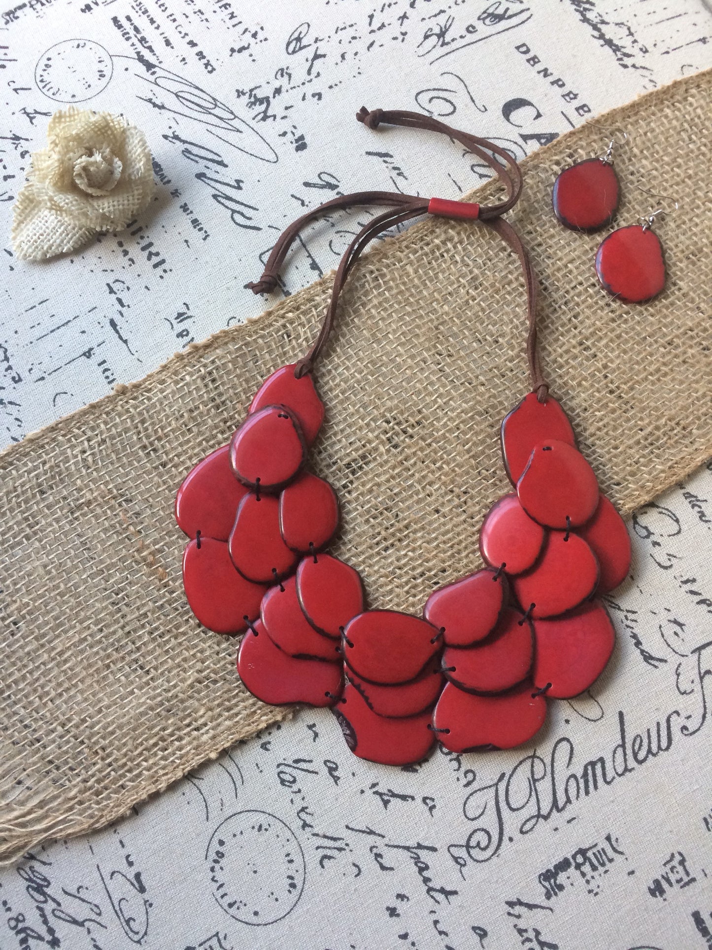 Red statement necklace and earrings set Tagua jewelry Big bold necklaces Wearable art Handmade beaded necklace Adjustable cord necklace