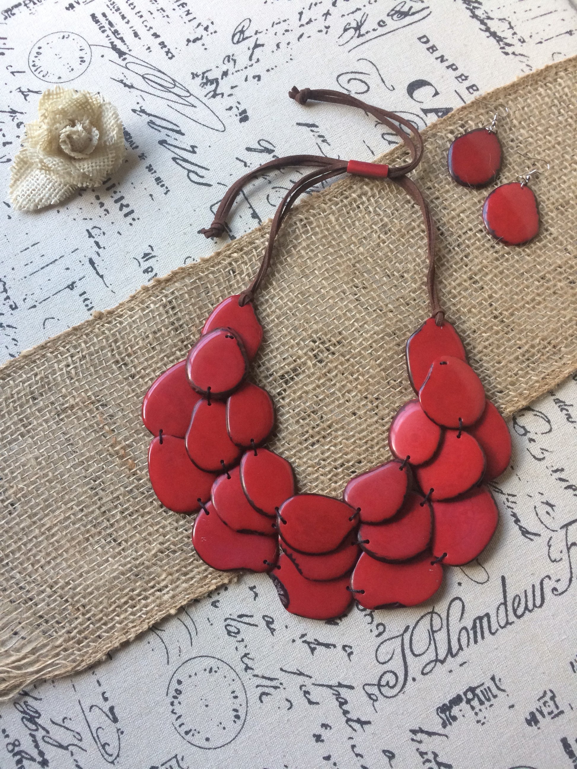 Red statement necklace and earrings set Tagua jewelry Big bold necklaces Wearable art Handmade beaded necklace Adjustable cord necklace