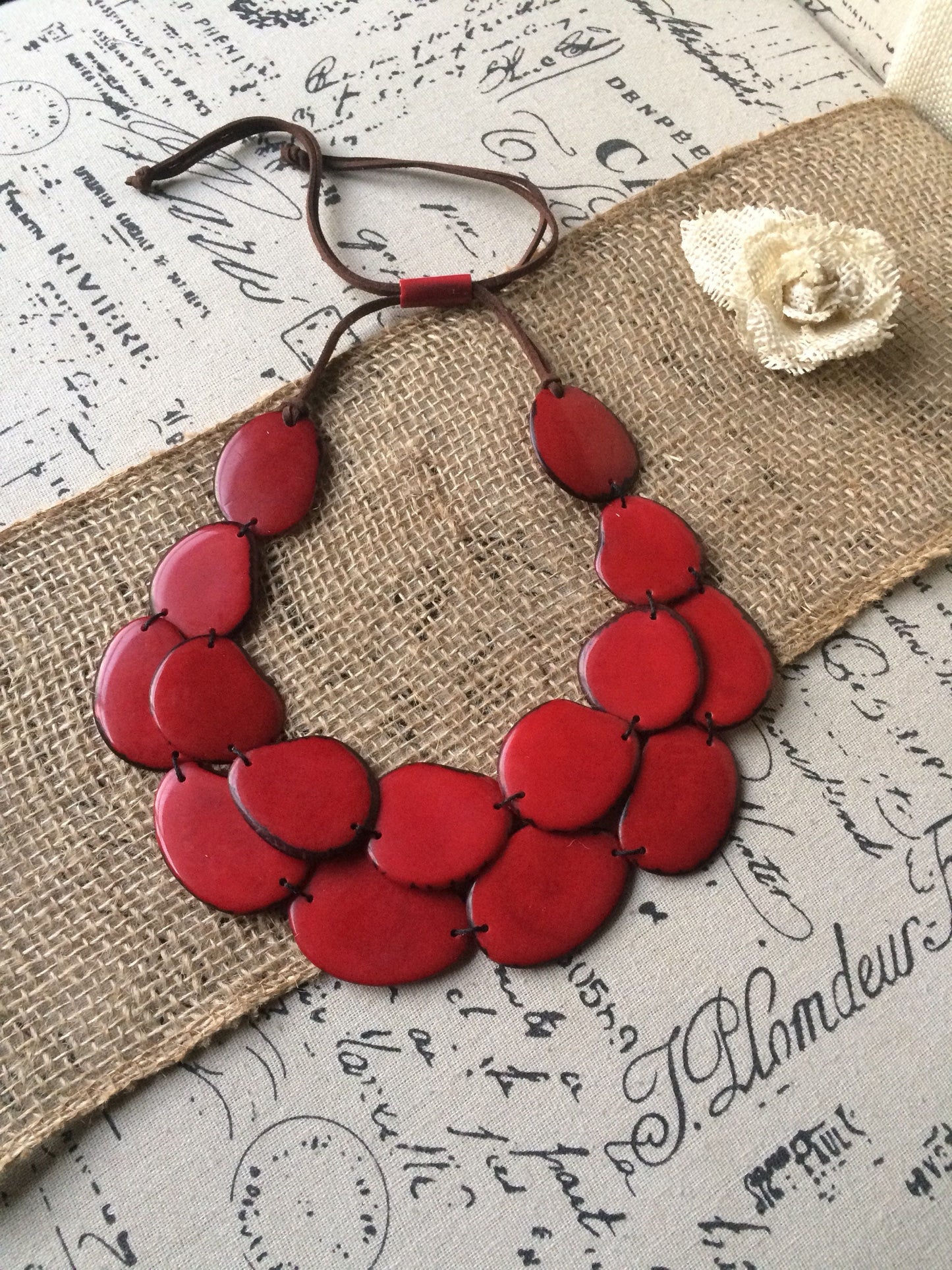 Red statement necklace.
Tagua nut jewelry from Ecuador.
Artisan handmade.