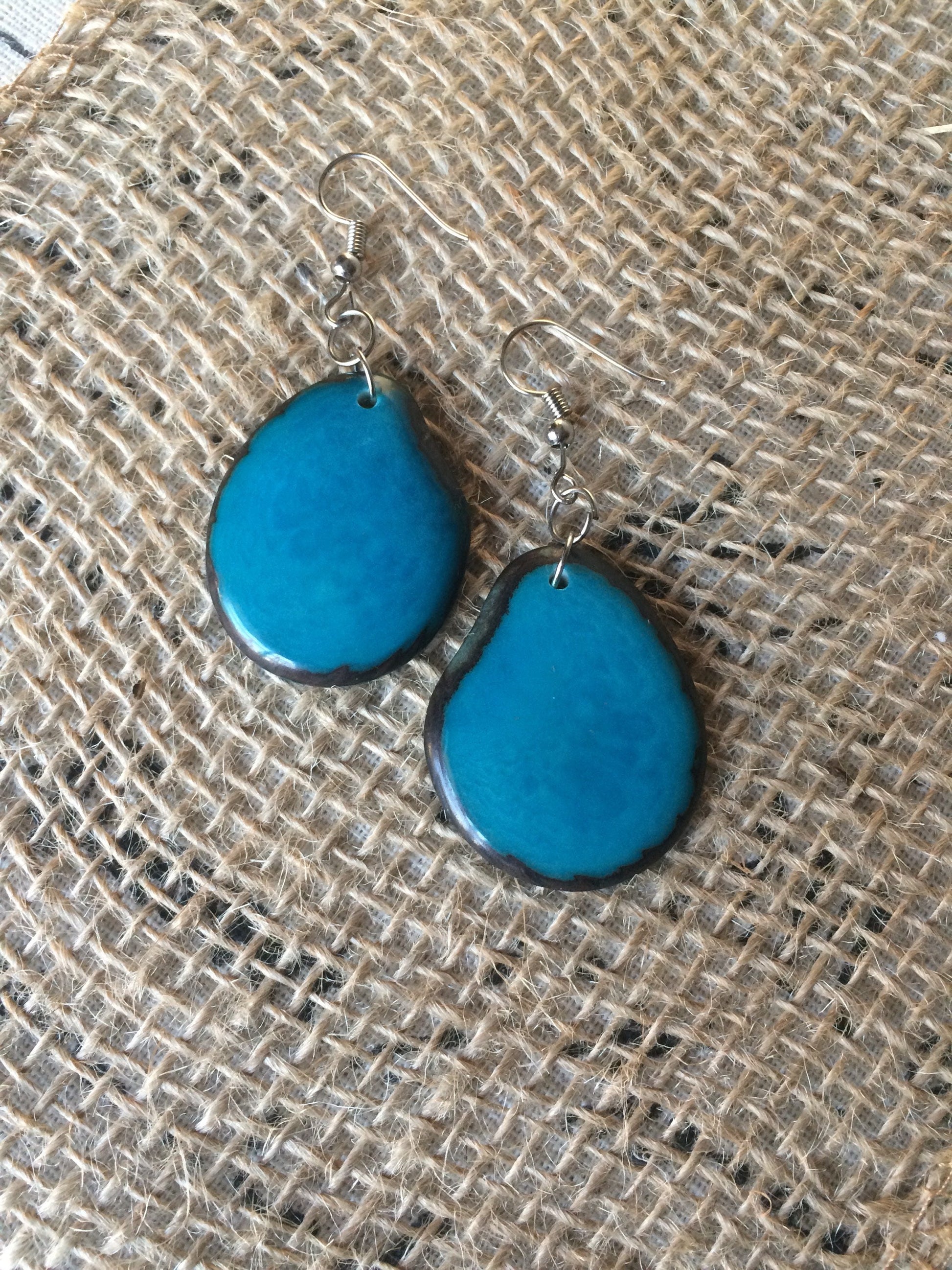 Tagua earrings Big teal blue earrings Handmade beaded earrings Oversized dangle earrings Fall fashion trends Wearable art Dangly earrings
