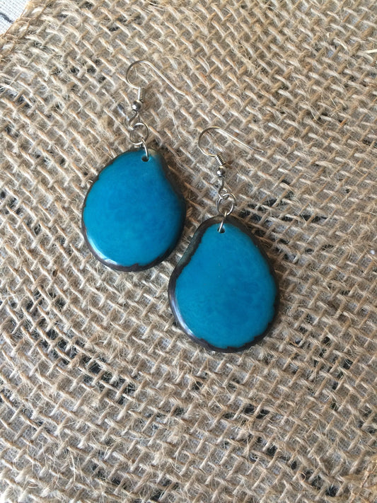 Tagua earrings Big teal blue earrings Handmade beaded earrings Oversized dangle earrings Fall fashion trends Wearable art Dangly earrings