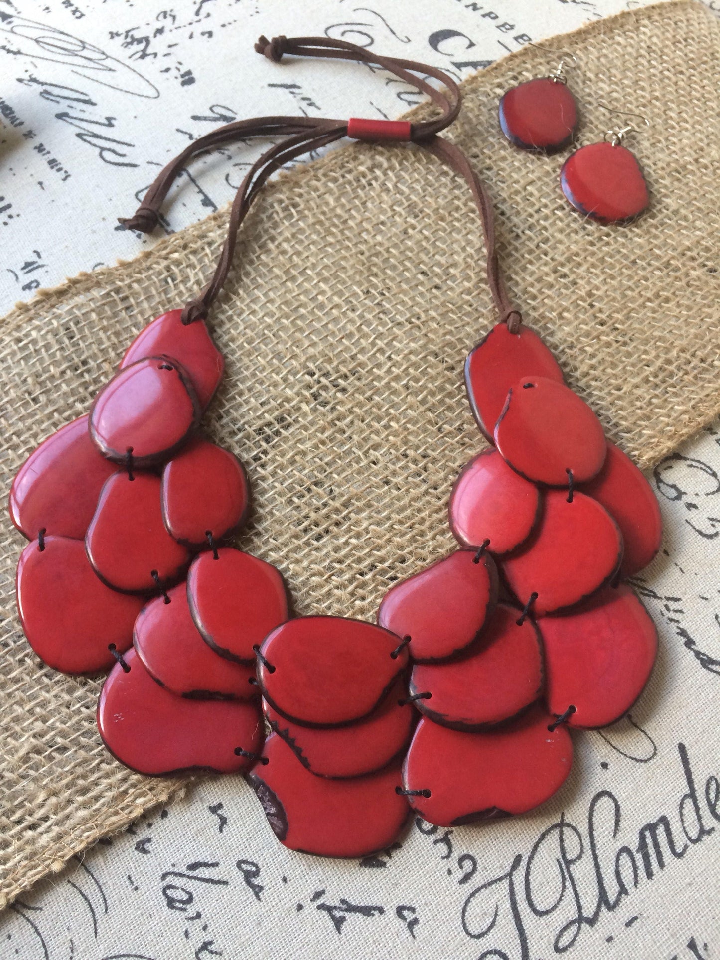 Red statement necklace and earrings set Tagua jewelry Big bold necklaces Wearable art Handmade beaded necklace Adjustable cord necklace