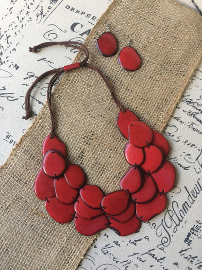 Red statement necklace and earrings set Tagua jewelry Big bold necklaces Wearable art Handmade beaded necklace Adjustable cord necklace
