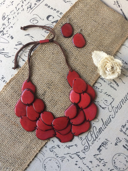 Red statement necklace and earrings set Tagua jewelry Big bold necklaces Wearable art Handmade beaded necklace Adjustable cord necklace