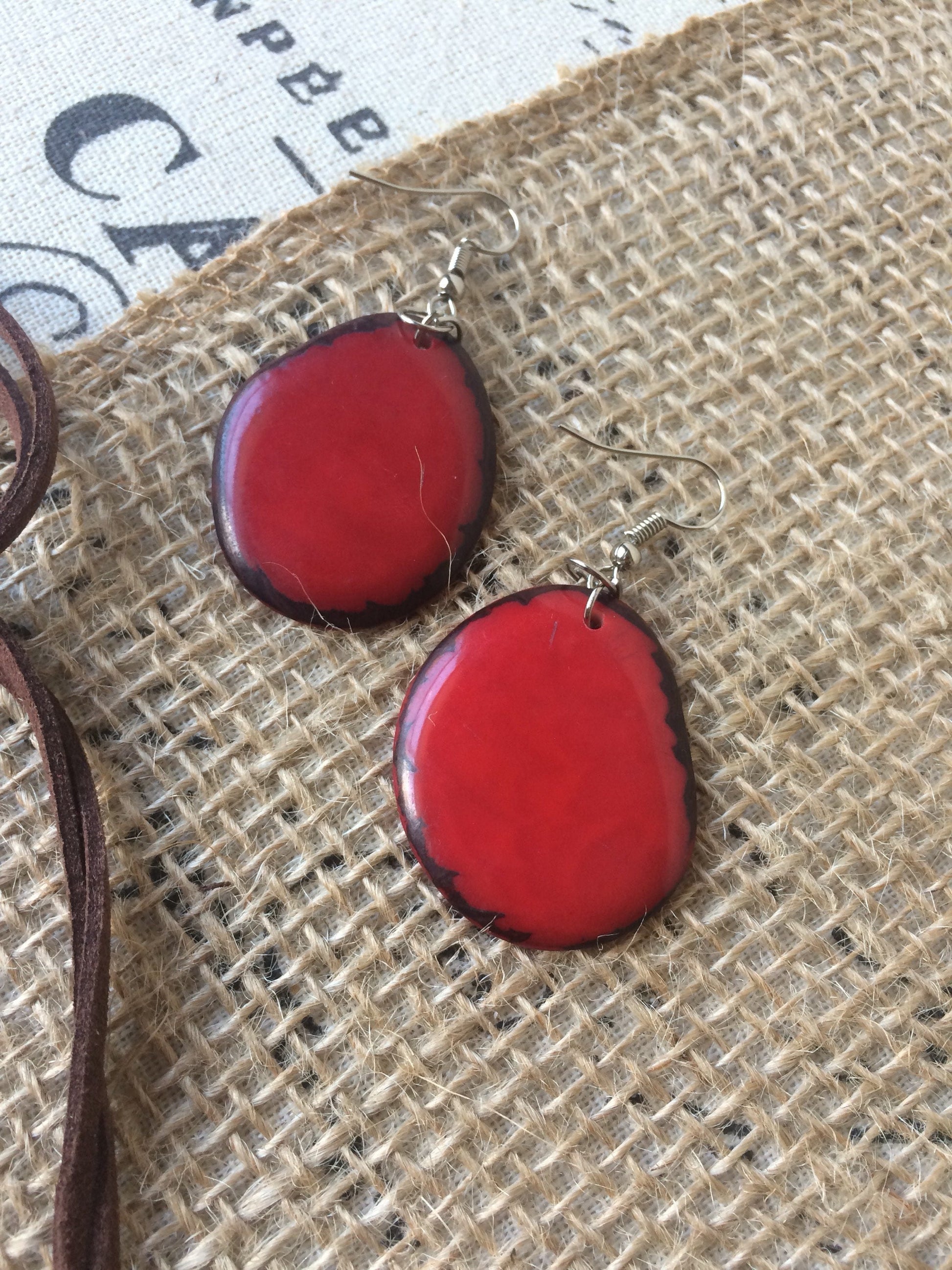 Red statement necklace and earrings set Tagua jewelry Big bold necklaces Wearable art Handmade beaded necklace Adjustable cord necklace