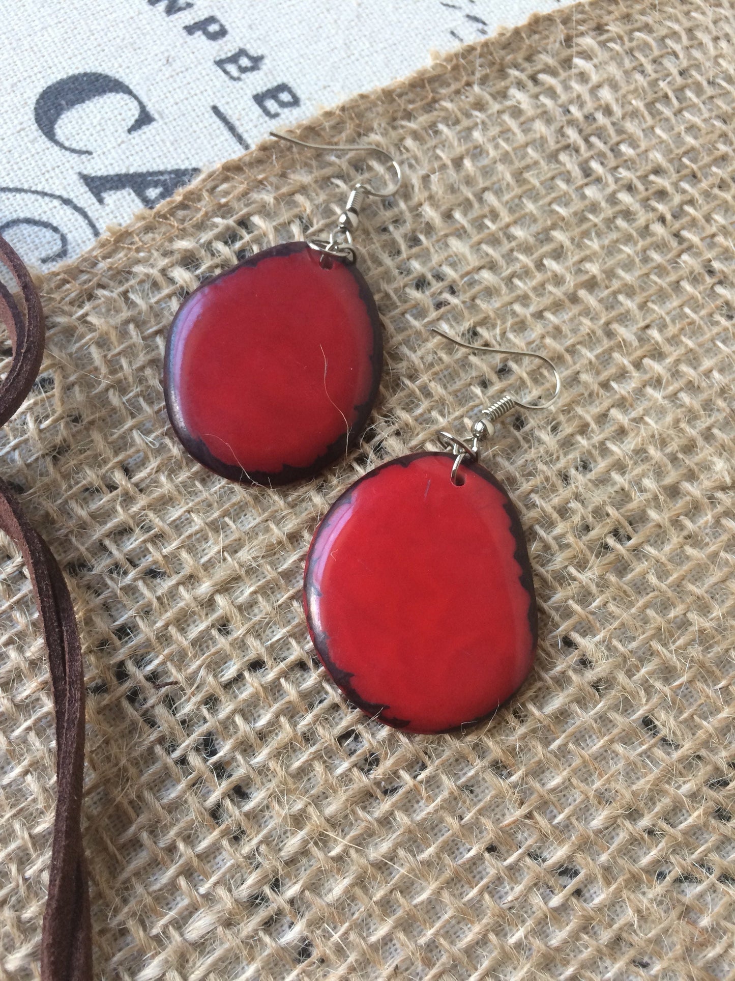 Red statement necklace and earrings set Tagua jewelry Big bold necklaces Wearable art Handmade beaded necklace Adjustable cord necklace