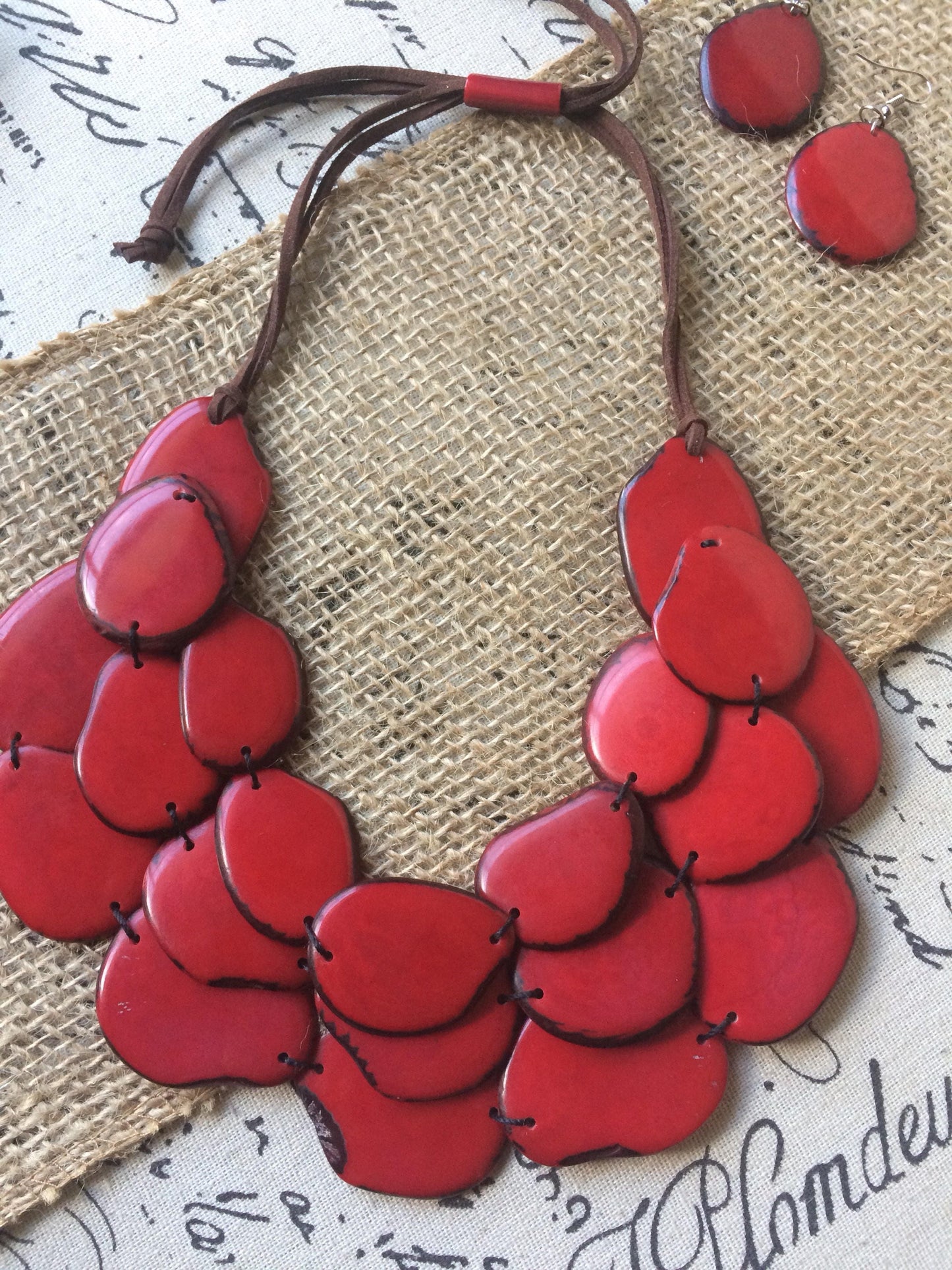Red statement necklace and earrings set Tagua jewelry Big bold necklaces Wearable art Handmade beaded necklace Adjustable cord necklace