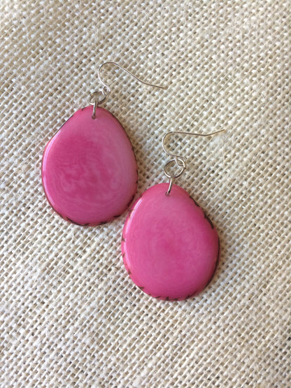 Tagua earrings Big pink earrings Handmade in Ecuador Custom jewelry Statement jewelry Fall fashion Art to wear Hypoallergenic dangles