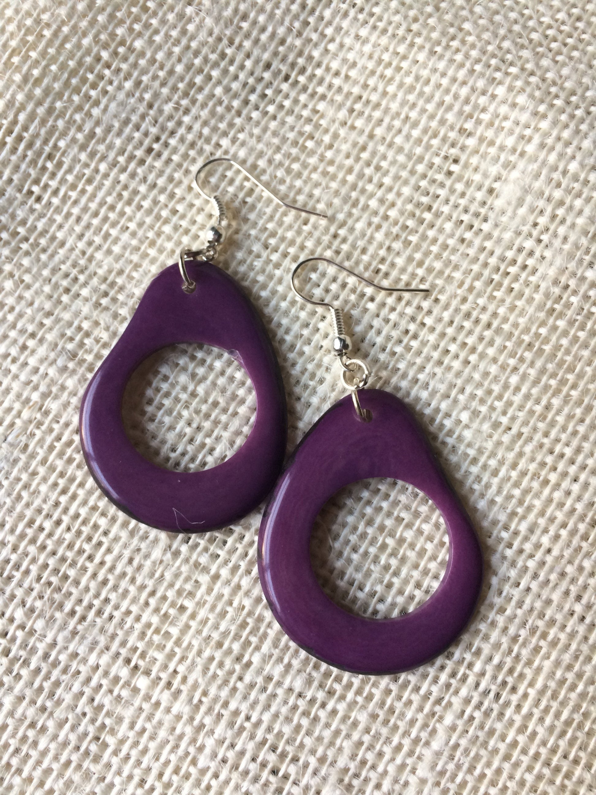 Big purple earrings Tagua jewelry Beaded hoops Unusual oversized jewelry Long drop earrings Mod large dangle earrings Statement earrings