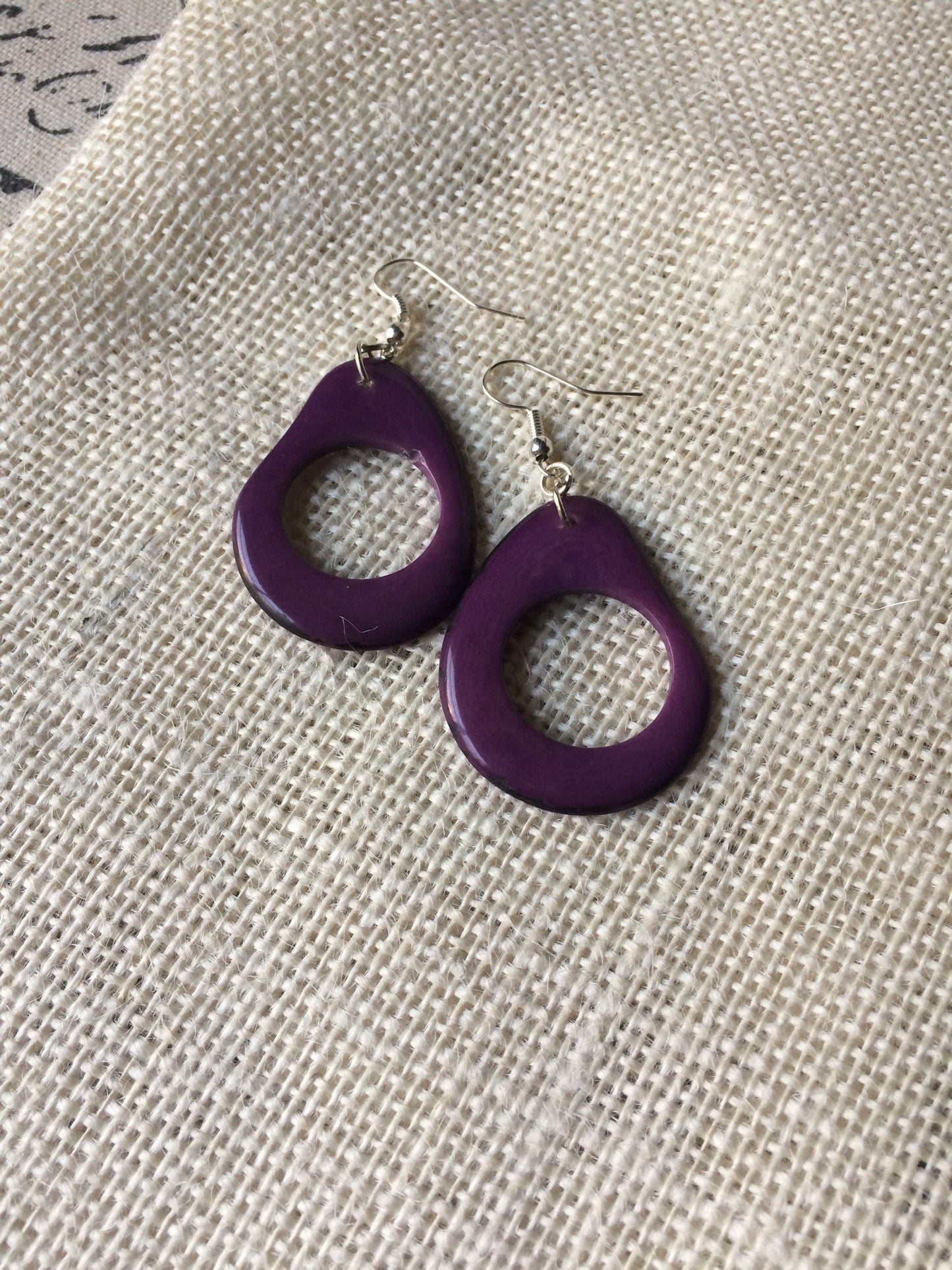 Big purple earrings Tagua jewelry Beaded hoops Unusual oversized jewelry Long drop earrings Mod large dangle earrings Statement earrings
