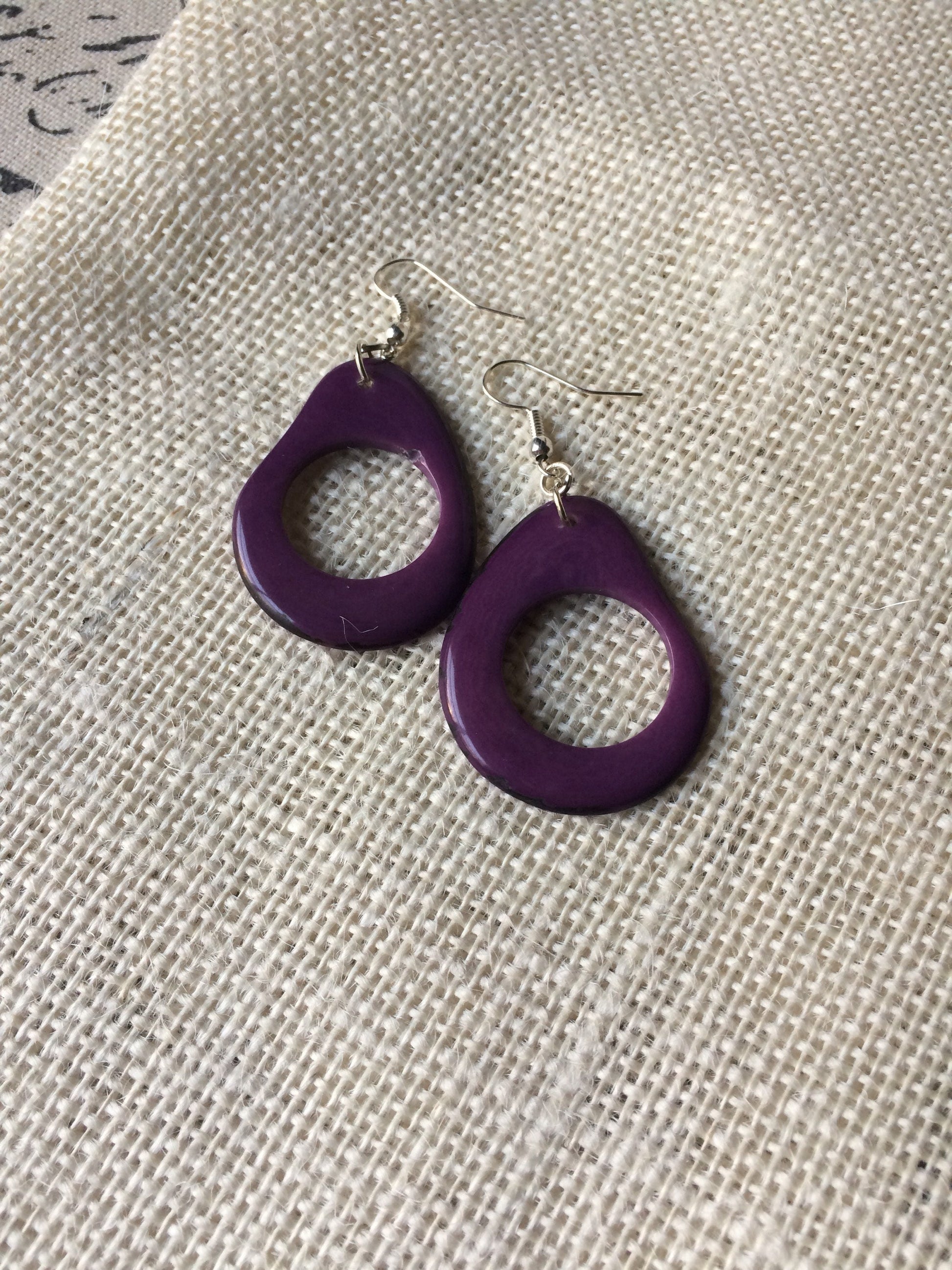 Big purple earrings Tagua jewelry Beaded hoops Unusual oversized jewelry Long drop earrings Mod large dangle earrings Statement earrings