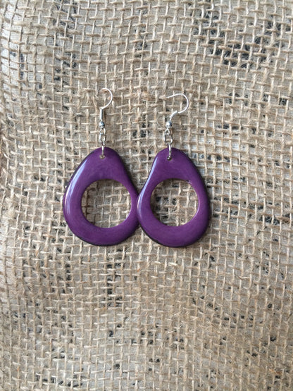 Big purple earrings Tagua jewelry Beaded hoops Unusual oversized jewelry Long drop earrings Mod large dangle earrings Statement earrings