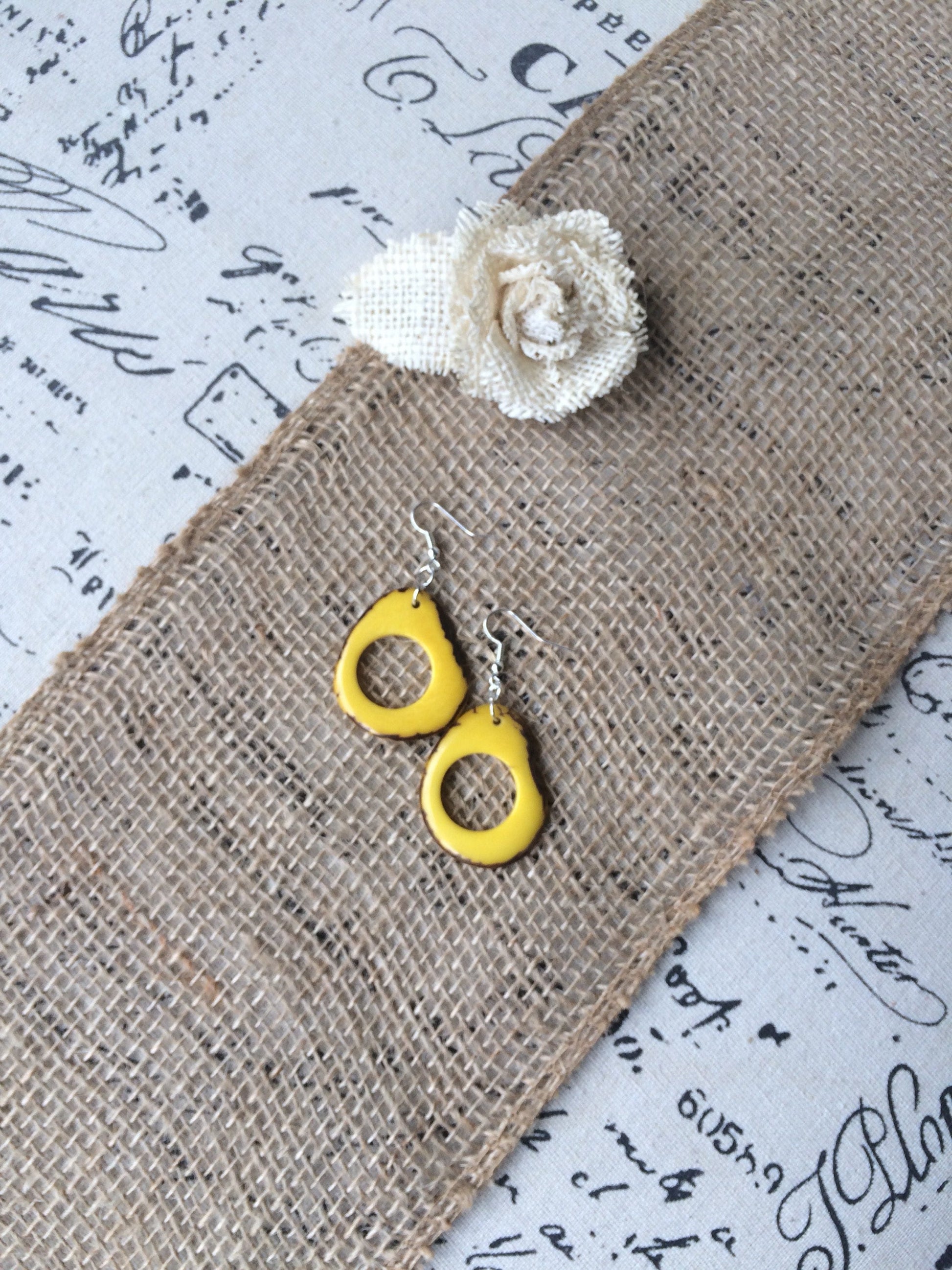 Yellow Tagua Nut Earrings: Lightweight Dangle Statement Jewelry, Fall fashion