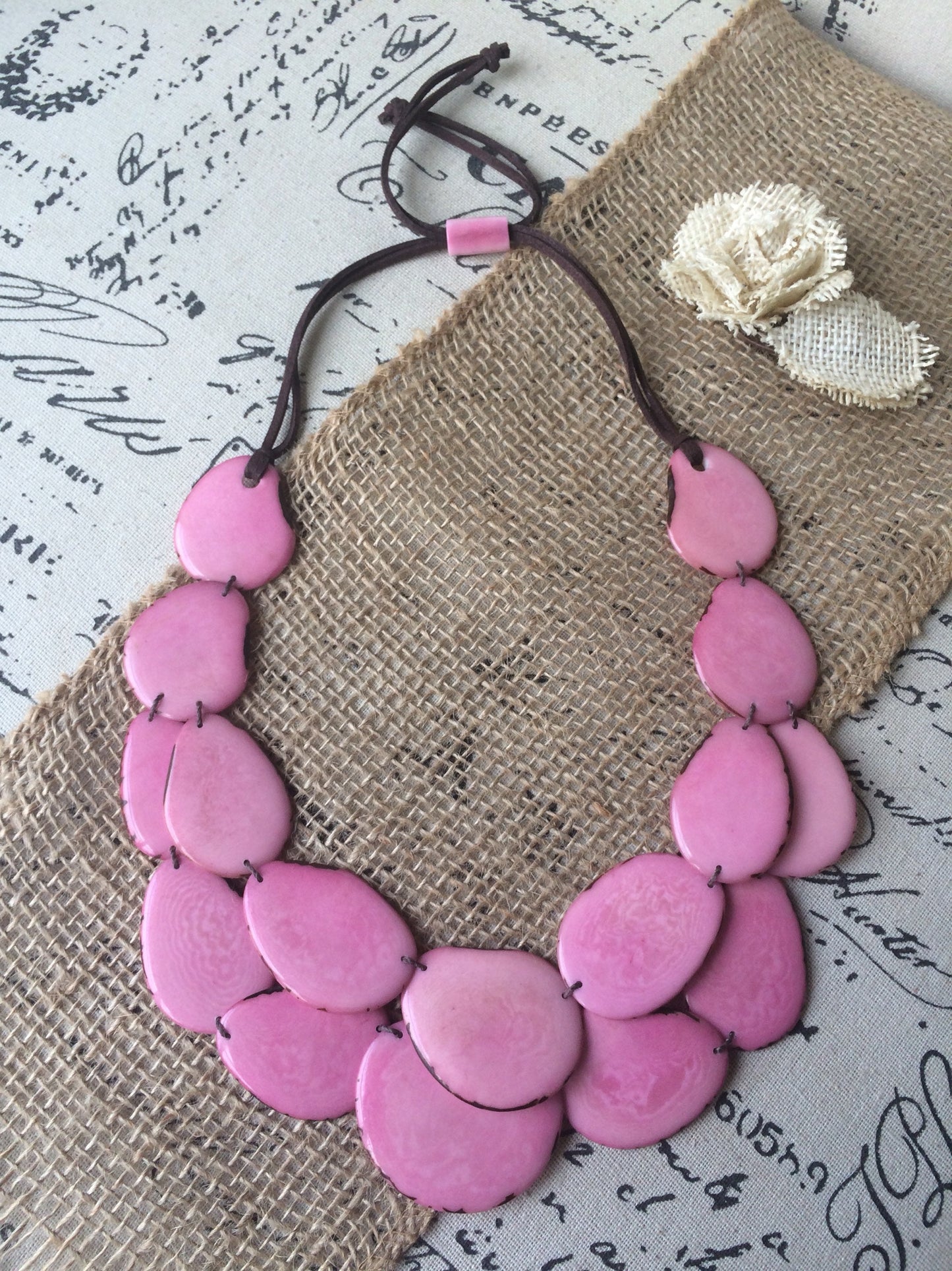 Pink statement necklace Adjustable cord Tagua jewelry Multi strand necklace Big bold necklace Wearable art Fall fashion Art to wear